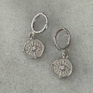 Sterling Silver Evil Eye Coin Crystal Earrings Brand New